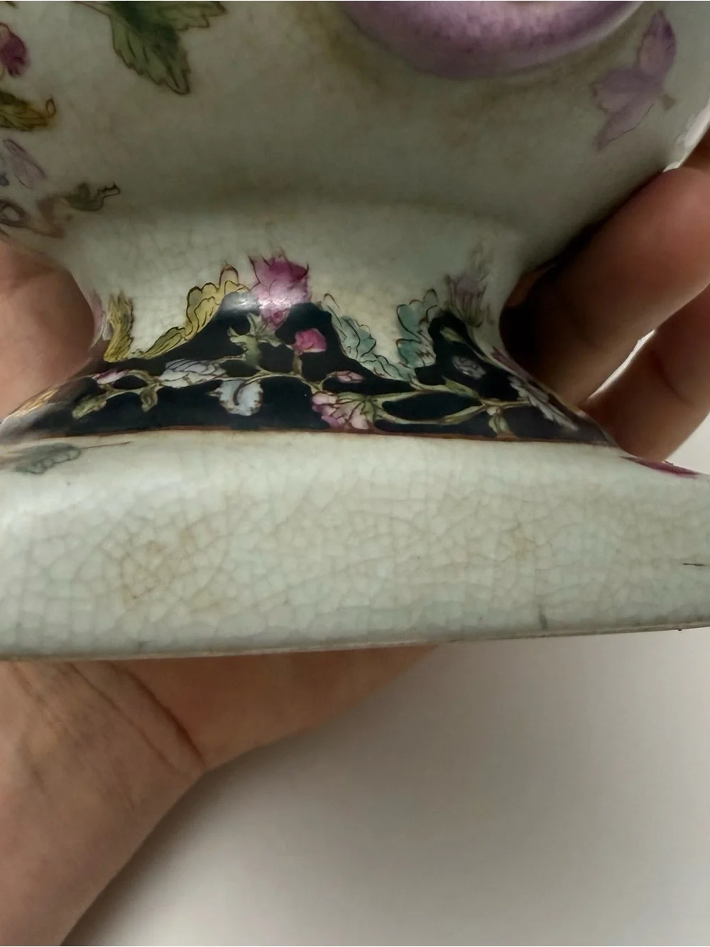 Vintage Chinese Floral Porcelain Lidded Pedestal Footed Small Urn Crackle Finish